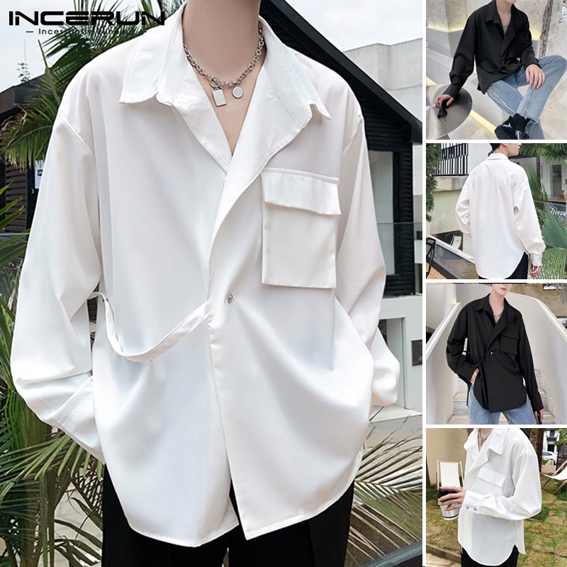 Áo sơ mi nam INCERUN tay dài trang trí dây có túi ở ngực phong cách Hàn Quốc thời trang