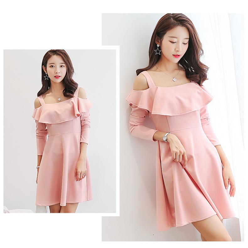 Đầm dự tiệc trễ vai phối bèo sang trọng thời trang nữ dự tiệc dạ hội dạo phố