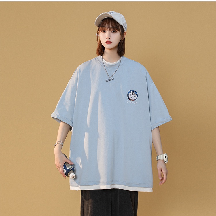 (XẢ KHO) Áo thun tay lỡ unisex  - Phông nam nữ 4 màu cotton dáng xuông streetwear - mặc nhóm lớp in hình Doraemon