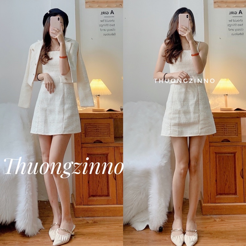 [Ảnh thật/Video] SET VÁY TWEED gồm váy hai dây kèm áo khoác ngoài xinh như tiểu thư | BigBuy360 - bigbuy360.vn