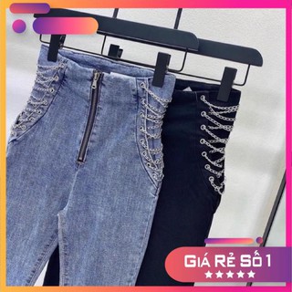 Quần bò jeans lưng cao đan xích eo