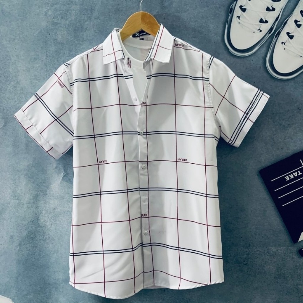 Áo Sơ Mi Nam Tay Ngắn Caro Hàn Quốc Họa Tiết Paris ❤️ Sơ Mi Nam Caro Ngắn Tay Thời Trang PONIVA Phong Cách