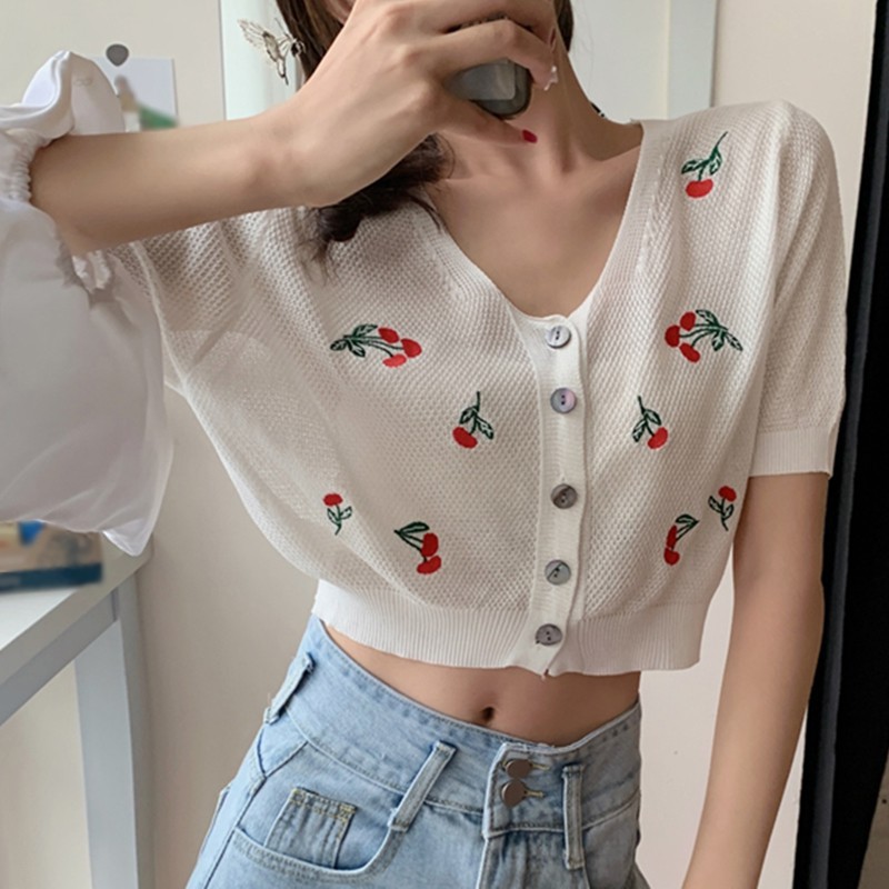 Áo Cardigan Ngắn Tay Thêu Hình Trái Cherry Xinh Xắn Dành Cho Nữ