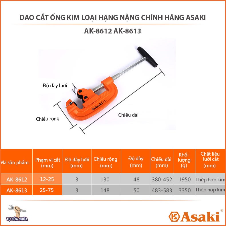 Dao cắt ống ASAKI hạng nặng AK-8613 25-75mm chuyên dùng cắt ống đồng, nhôm, thép hạng nặng, HÀNG CHÍNH HÃNG