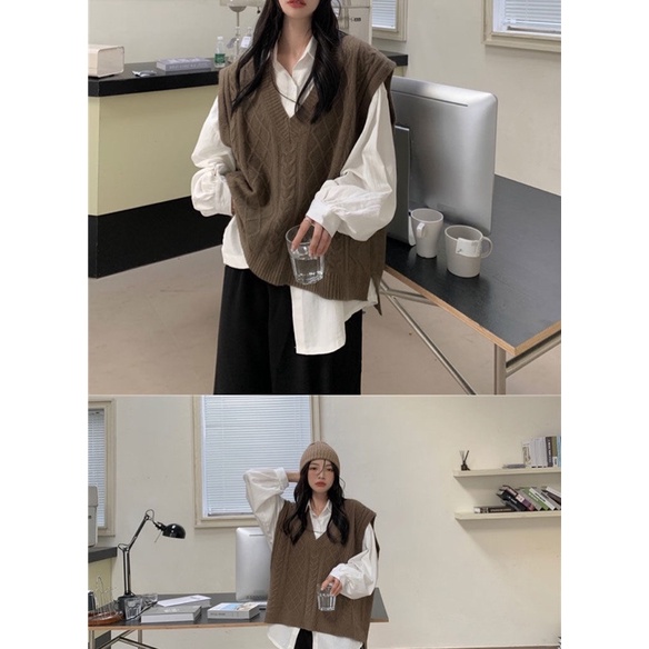 Sét áo gile nâu xẻ tà cao thấp phối sơmi trắng tay bồng - áo len mỏng phong cách trẻ trung