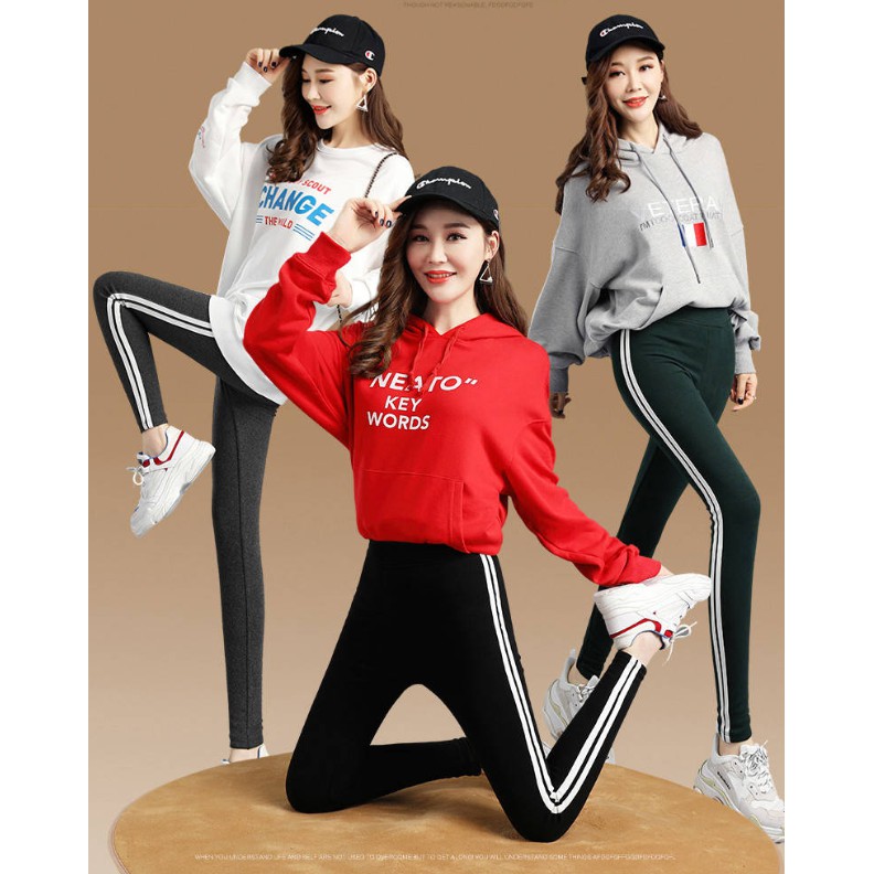 READY STOCK Women Striped Leggings Elastic Skinny Sports Long Pants