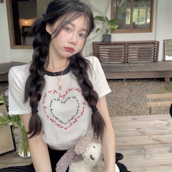Áo thun dệt kim ZHELIHANGFEI tay ngắn hở eo thêu chữ dễ thương thời trang