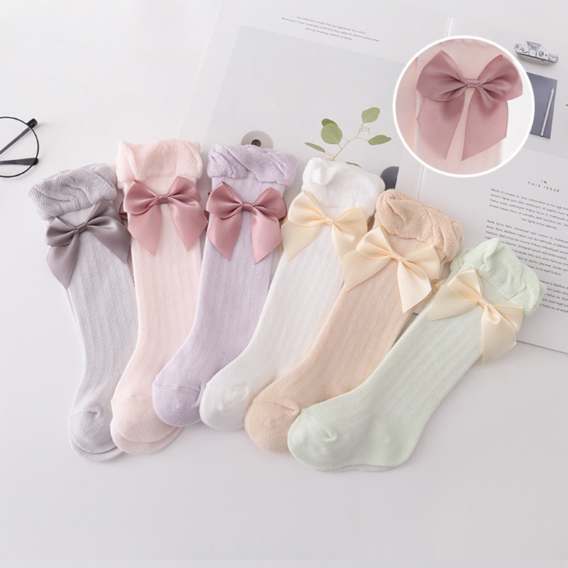 FL Sơ Sinh Bé Gái Mùa Hè Lưới Mỏng Cao Tất Nơ Ngọt Ngào Màu Trơn Chống Muỗi Cotton Trên Đầu Gối Tất 