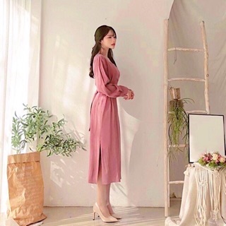 Đầm midi hồng ruốc tay dài v2 (kèm hình thật)