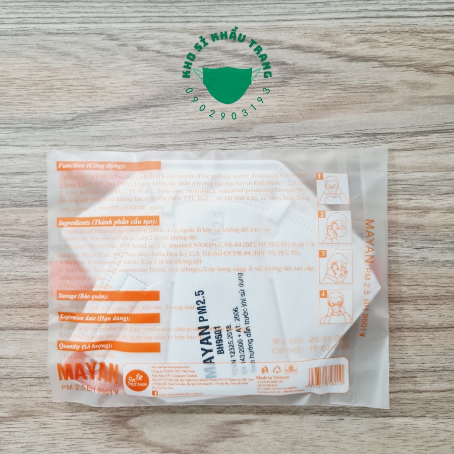 Khẩu trang N95 có van Mayan PM 2.5 BH9501 5 lớp dày túi 2 cái