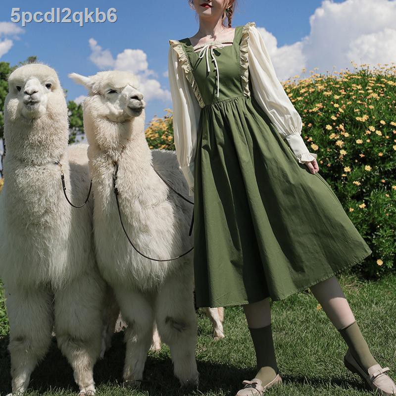 Váy màu xanh lá cây bơ mùa xuân vẽ tranh sơn dầu kiểu phương Tây dài cổ vuông Nữ dễ thương Nhật Bản Mori Girl | BigBuy360 - bigbuy360.vn