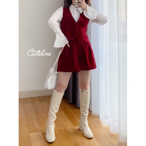 Set sơ mi nữ Cateline cổ đức tay bèo nhún gile short nhung tiểu thư sang chảnh - SCL004 | BigBuy360 - bigbuy360.vn