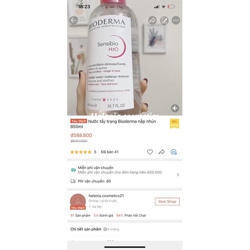 Nước tẩy trang Bioderma nắp nhún 850ml