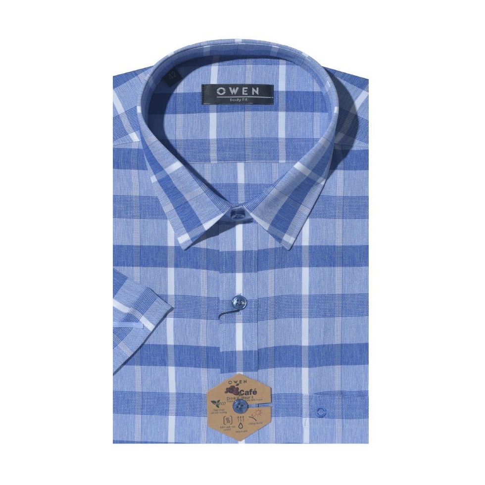 Áo Sơ Mi Nam Ngắn Tay OWEN BA220113NT Somi Công Sở Cao Cấp Màu Kẻ Caro Navy Trắng Vải Sợi Café Dáng Suông Tà Bằng Có Túi