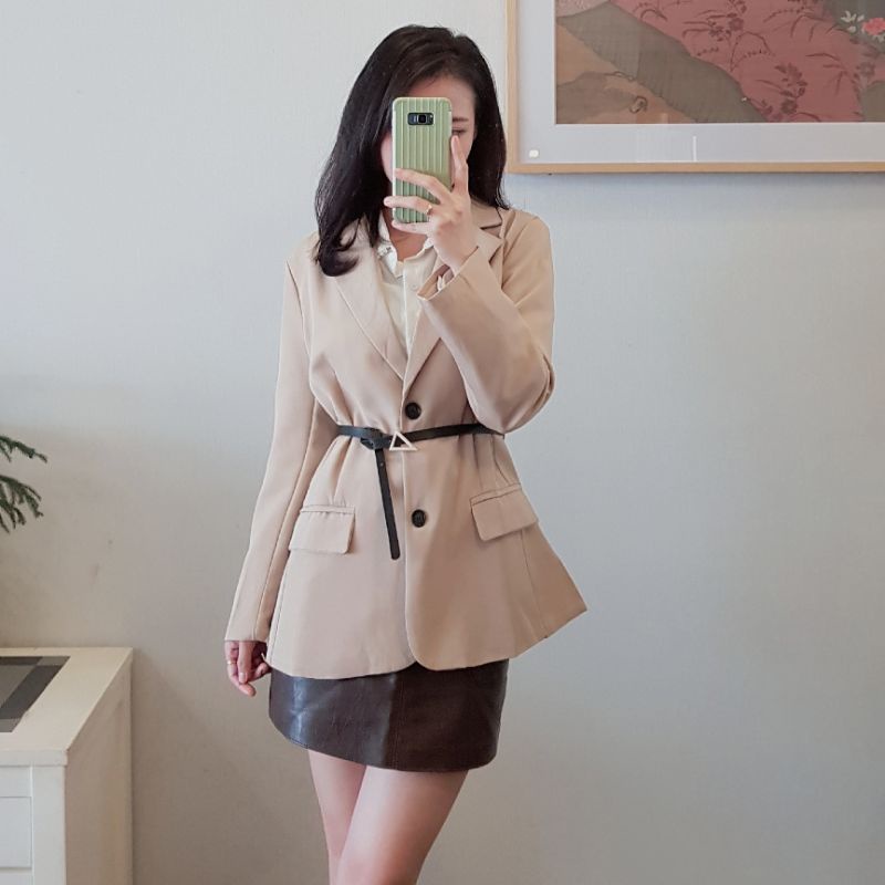 [BLAZER 01]Blazer hai lớp màu kaki kèm belt da và dây phong cách Hàn Quốc