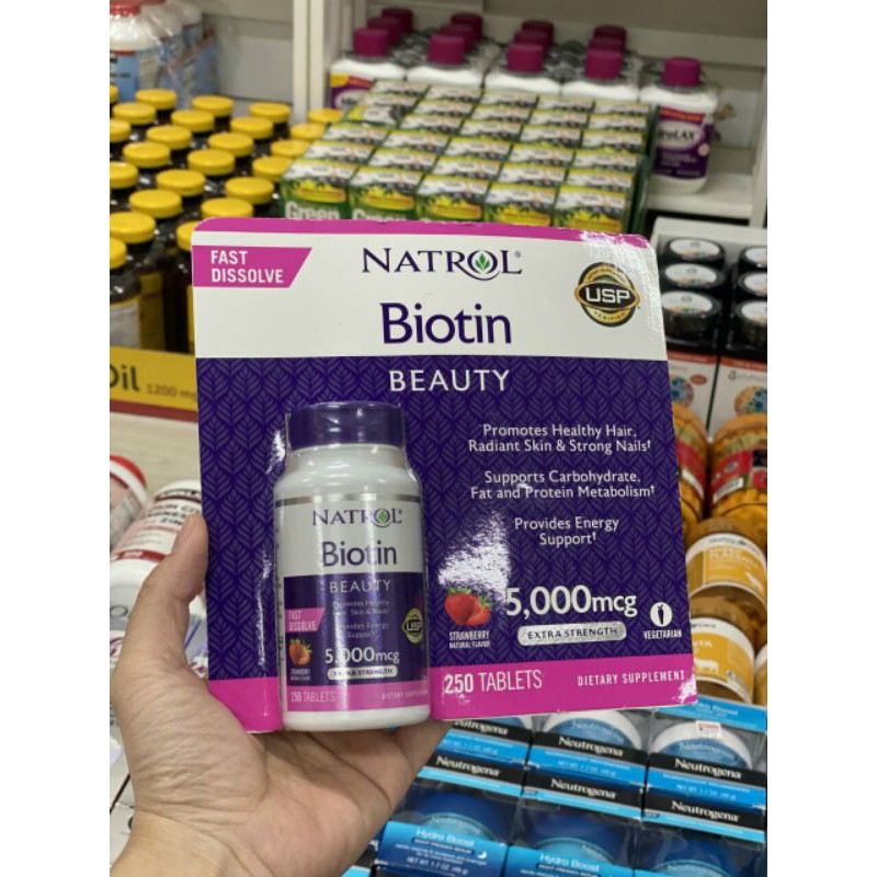 VIÊN NGẬM VỊ DÂU HỖ TRỢ MỌC TÓC VÀ CHỐNG RỤNG TÓC NATROL BIOTIN BEAUTY 5,000MCG CỦA MỸ 250vien