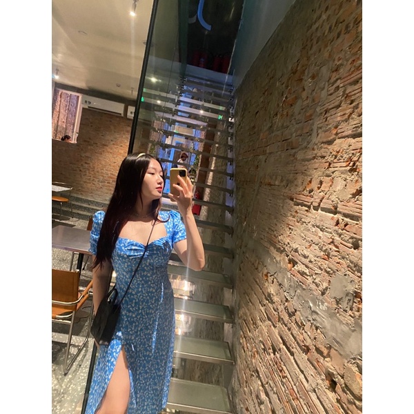 Váy Đầm Xẻ Đùi Cổ Vuông Màu Xanh