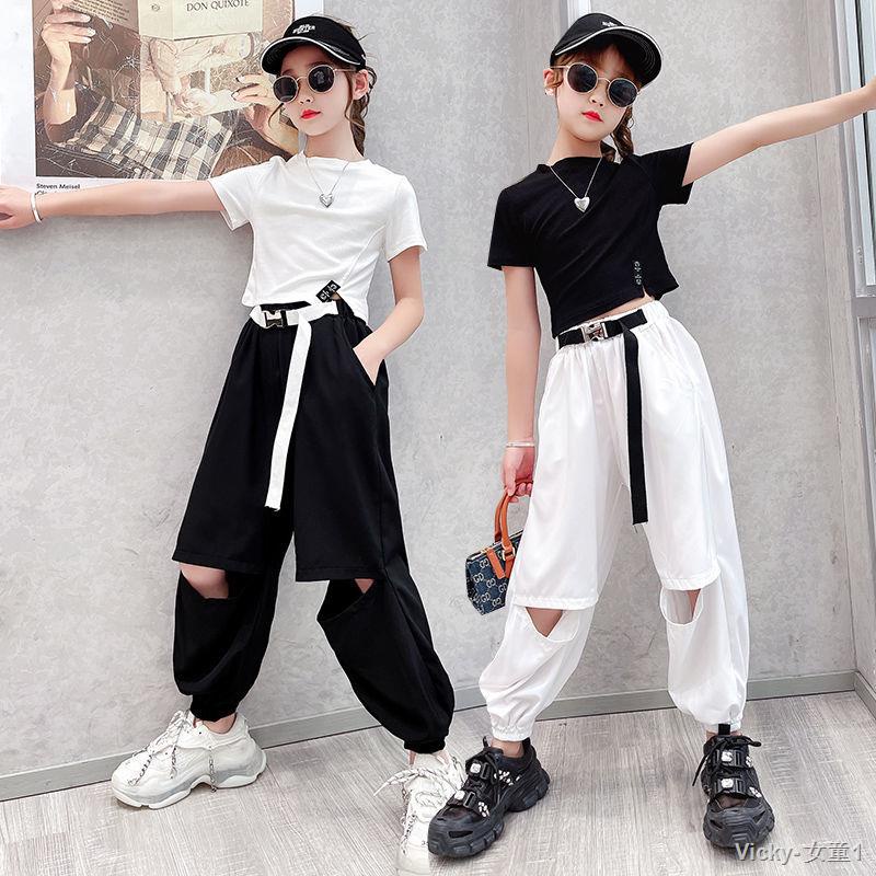 👗AOHUI👗Bộ đồ cho bé gái váy hè 2021 bé gái sàn diễn thời trang xẻ tà ngắn tay thắt lưng quần dài hai mảnh quần hip-hop