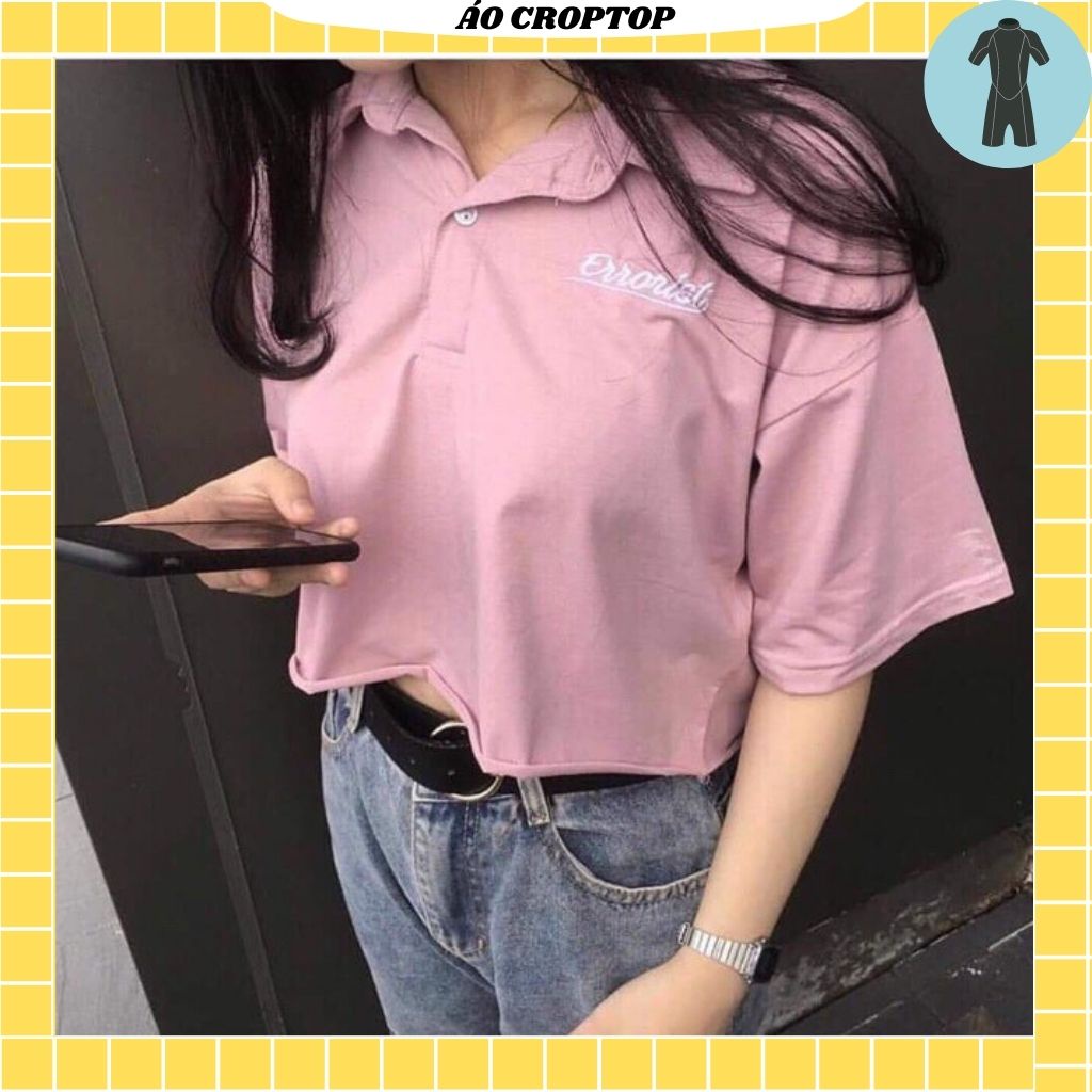 Áo croptop cổ bẻ polo nữ tay lỡ , from rộng, freesize , thun cotton mềm mịn