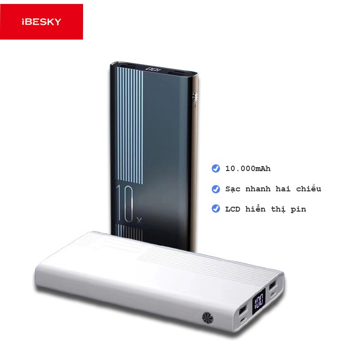 PIN DỰ PHÒNG IBESKY P10L 10.000mAh LCD HIỂN THỊ DUNG LƯỢNG PIN , SẠC NHANH VÀ BỀN ( BẢO HÀNH 12 THÁNG )