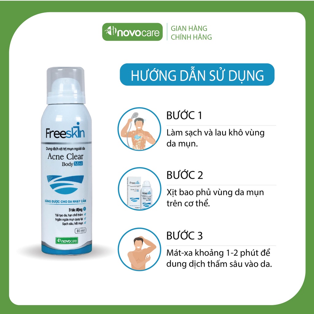 Xịt mụn lưng, viêm nang lông, dày sừng nang lông, viêm da Novocare - Freeskin, sạch mụn, mờ thâm, sáng da 80ml