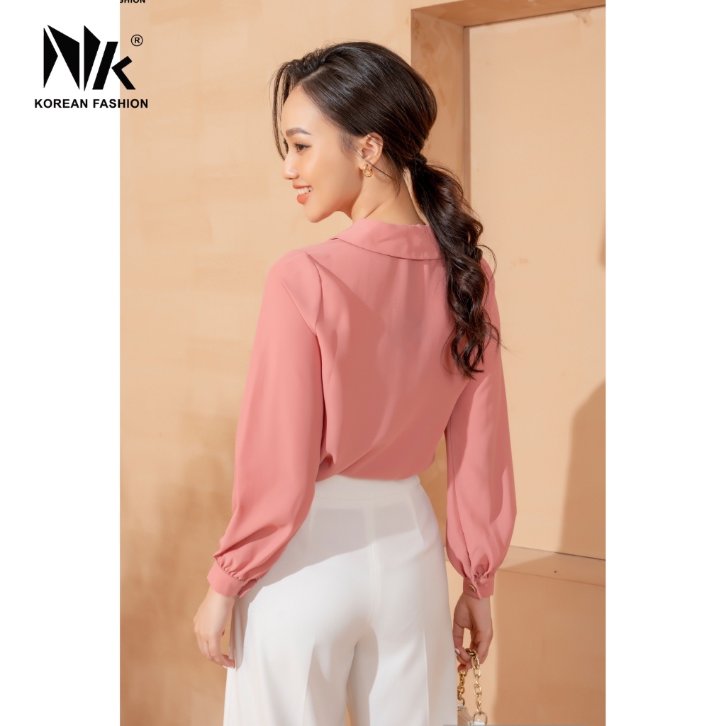 Áo Sơ Mi Nữ Công Sở Dài Tay NK Fashion Thiết Kế Cổ Không Chân Tay Bồng Điệu, Chất Liệu Vải Nhập Hàn NKSM2106003