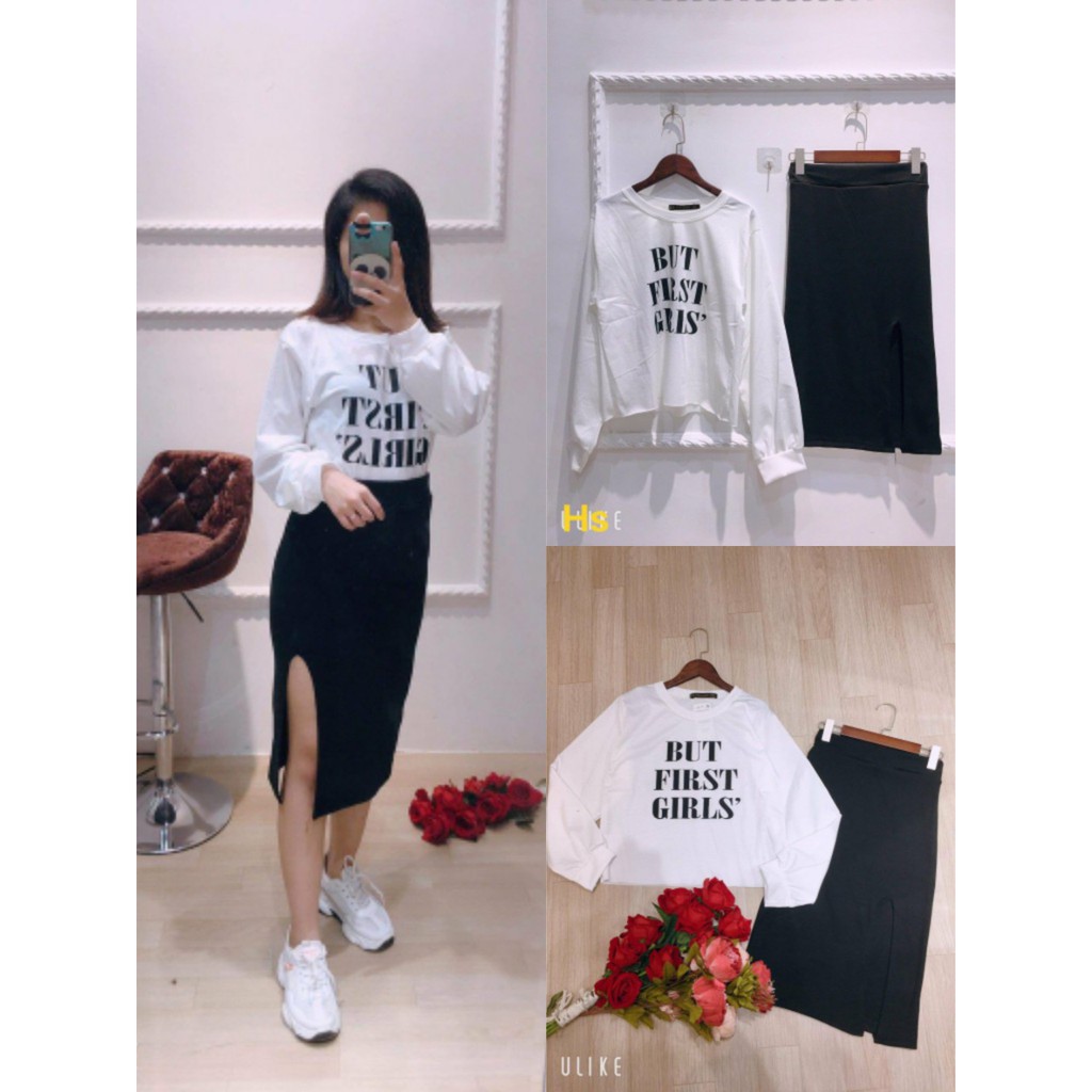 Bộ Chân Váy Áo Thun BUT FIRST GIRL , Váy Xẻ Tà Kèm Áo Thun Tay Bồng X039