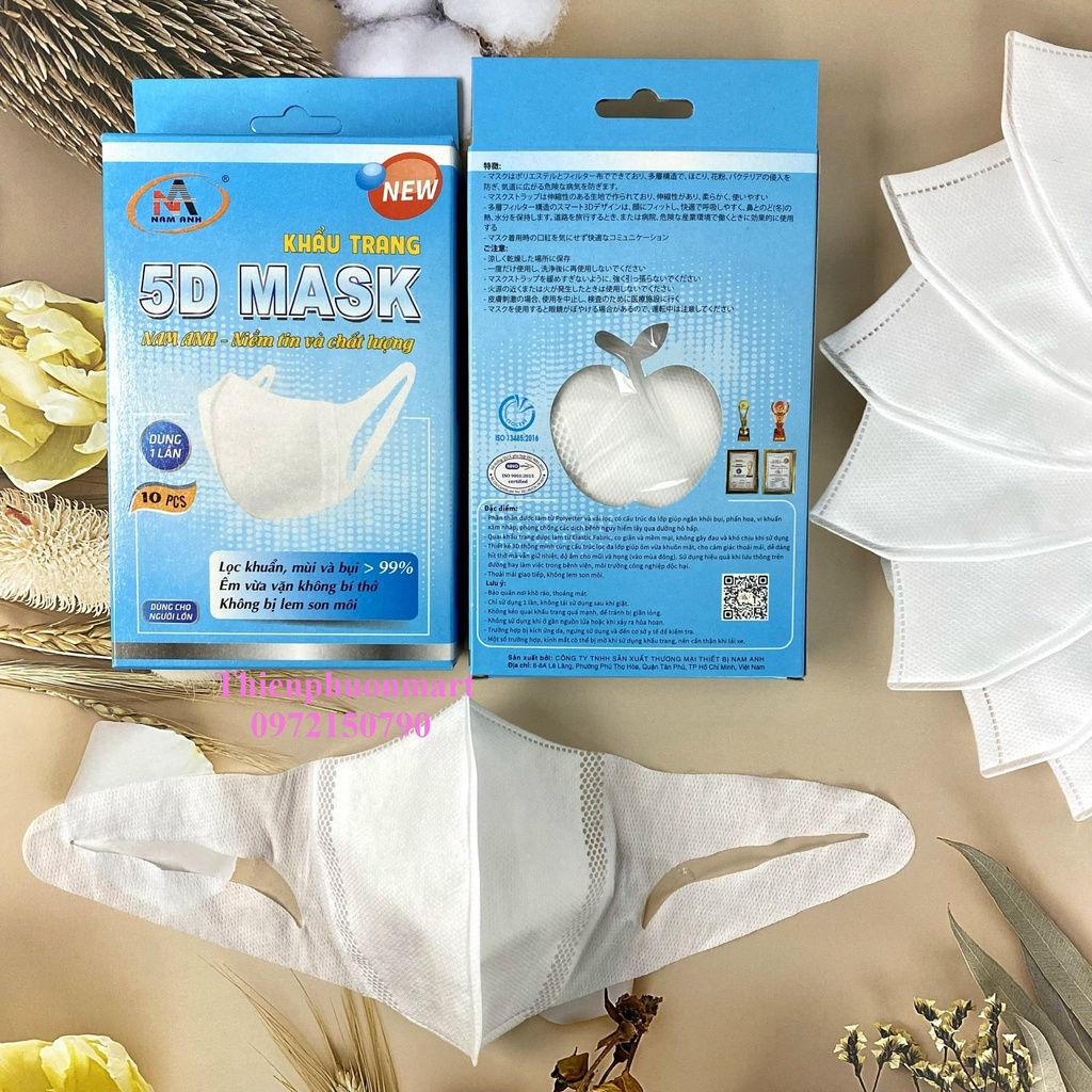 Khẩu Trang NAM ANH 5D DÂY VẢI Kháng Khuẩn 3 Lớp 10 Cái/ Hộp