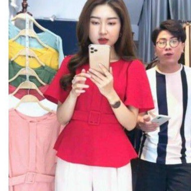Áo Kiểu Chất Đũi Ngắn Tay _ Thiết Kế Tay Bồng Kèm Đai Sang Chảnh