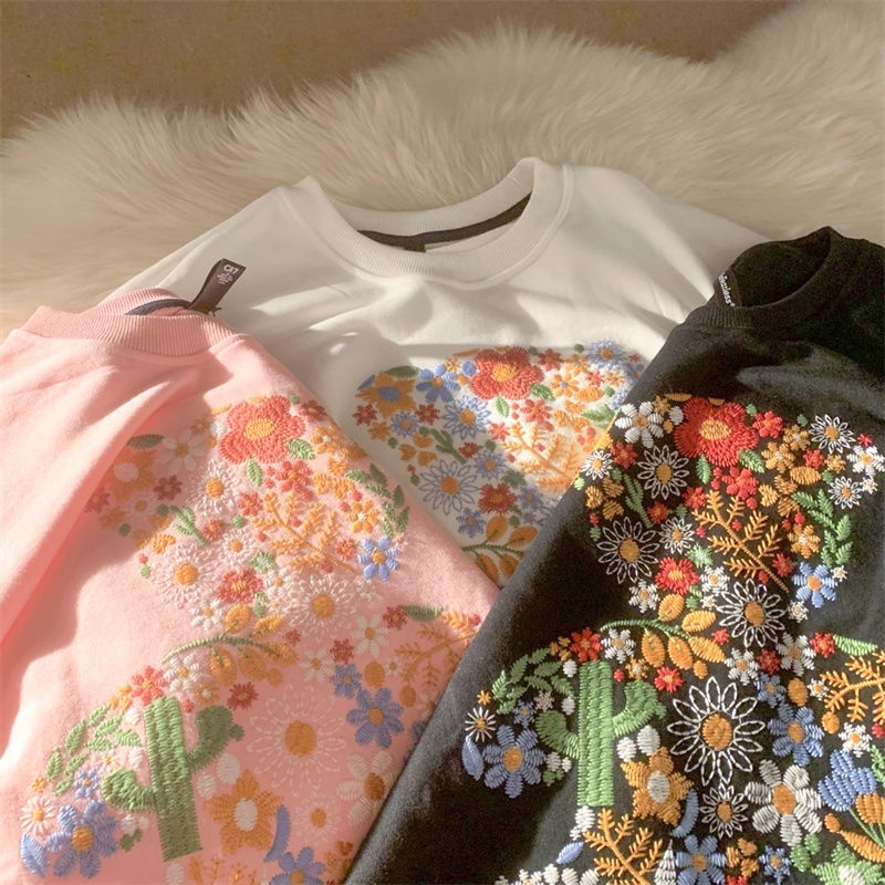 Áo Thun Sweater Mỏng Chui Đầu Dáng Rộng Thêu Hoa Nhỏ Dễ Thương Thời Trang Xuân Thu Cho Bạn Gái