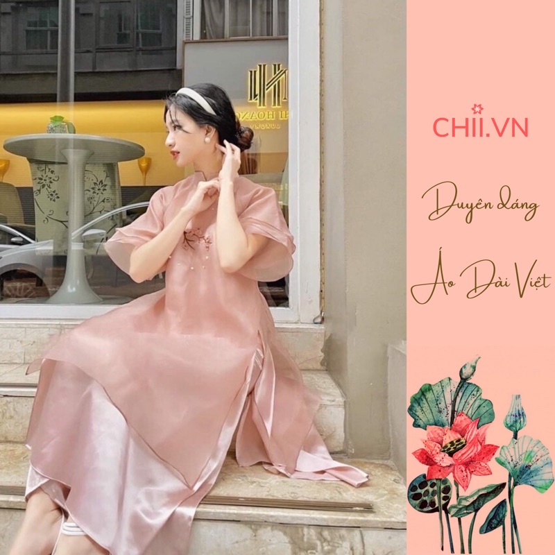 ☞Áo Dài Cách Tân Thêu Tay Đính Hạt Thủ Công Hoạ Tiết Cành Đào, Mộc Miên, Tết Đẹp
