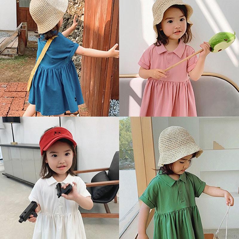 Đầm xòe tay ngắn cổ bẻ phối nút phong cách Hàn Quốc thời trang xinh xắn cho bé gái