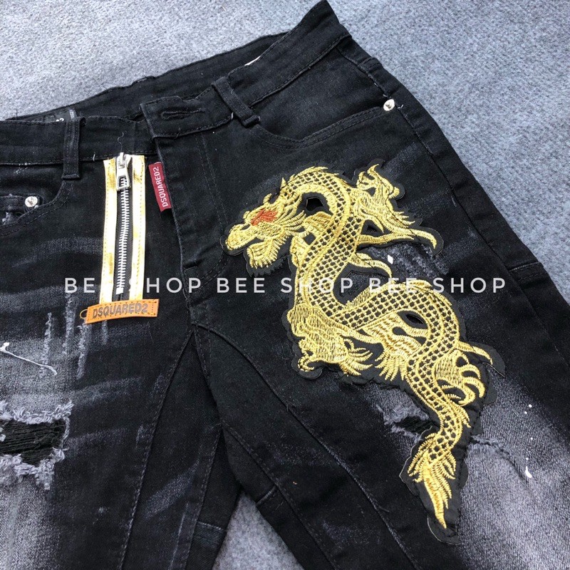 Quần bò ngố nam rồng vàng khoá chéo, quần jean đùi nam, quần short bò - Bee Shop