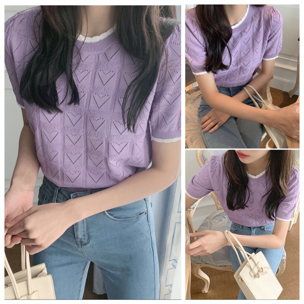Áo thun tay ngắn họa tiết hình trái tim thêu xinh xắn cho nữ