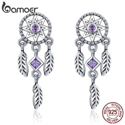Bamoer Bông Tai bạc 925 Hình Vòng Bắt Giấc Mơ Đính Đá zircon Màu Tím sce502