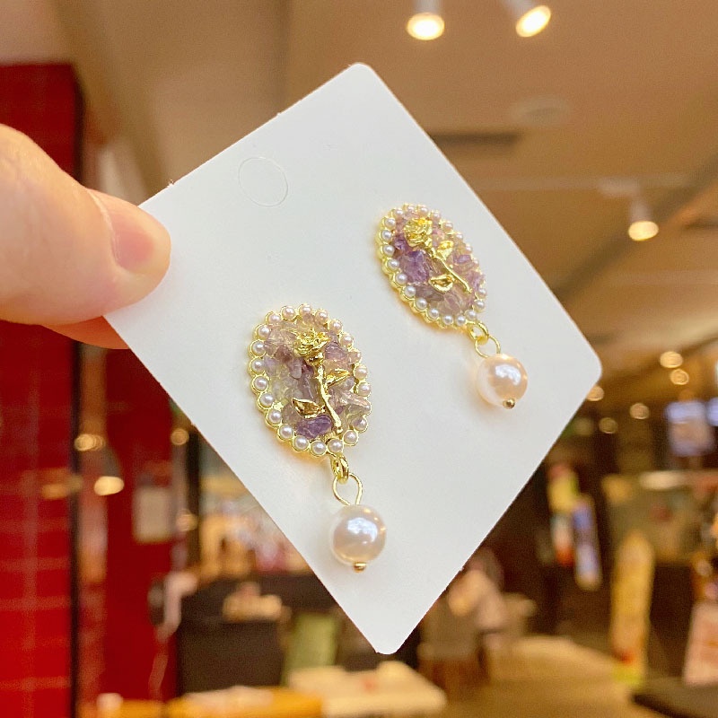 Bông tai mạ bạc 925 mặt tím hình hoa hồng đính ngọc trai thời trang sang trọng cho nữ