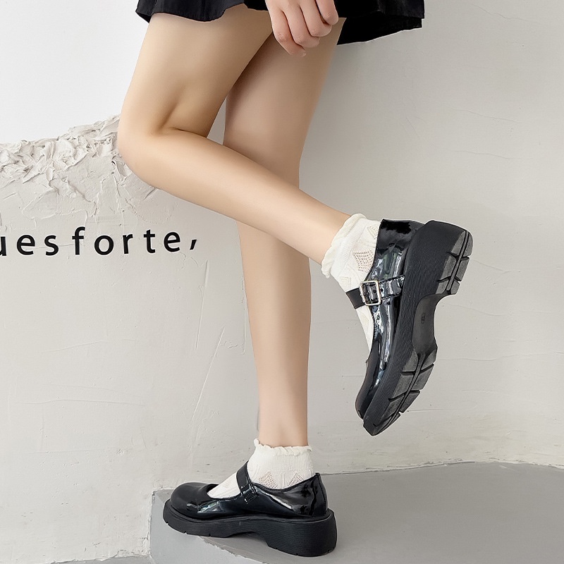 Vớ tất cổ ngắn trắng kem Lolita xoăn icon nơ nâu