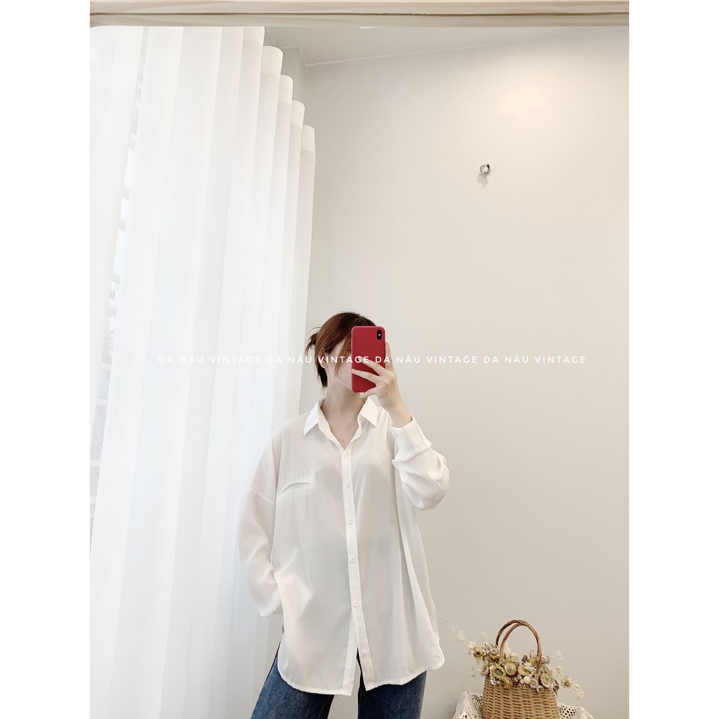 Áo sơ mi nữ lụa trơn freesize dài tay túi giả – Da Nâu Vintage