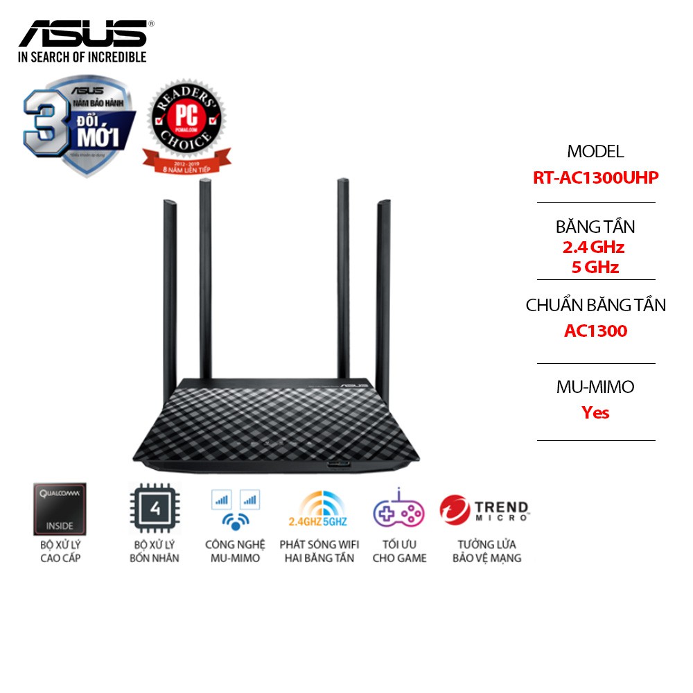 Bộ Phát Wifi ASUS RT-AC1300UHP (Dũng Sĩ Xuyên Tường),2 băng tần -Chính Hãng