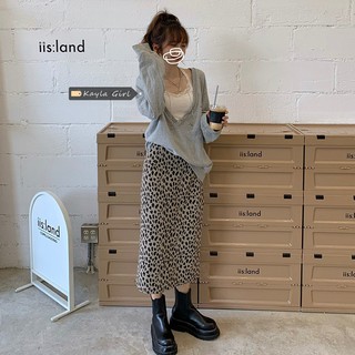 (ORDER - Sẵn Áo, Chân váy S) Chân váy midi cạp cao dáng dài A-line họa tiết da báo màu xám style retro mùa thu Korea