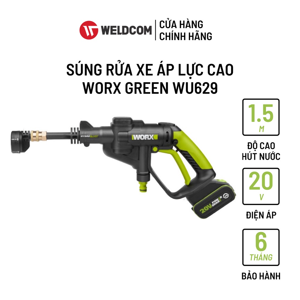 Súng Rửa Xe Áp Lực Cao Cầm Tay Đa Năng WORX GREEN WU629 Dùng Pin Li-ion 20V