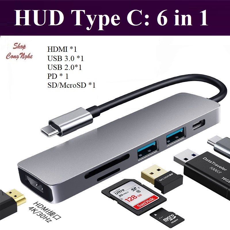 Hub Type C 6in1 - Cổng chuyển đổi HUB USB Type-C to HDMI, USB 3.0, SD, TF, PD cho Laptop Macbook