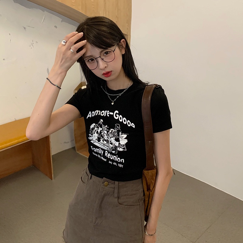 Áo Thun Lửng Ngắn Tay In Chữ Phong Cách Vintage Cho Nữ