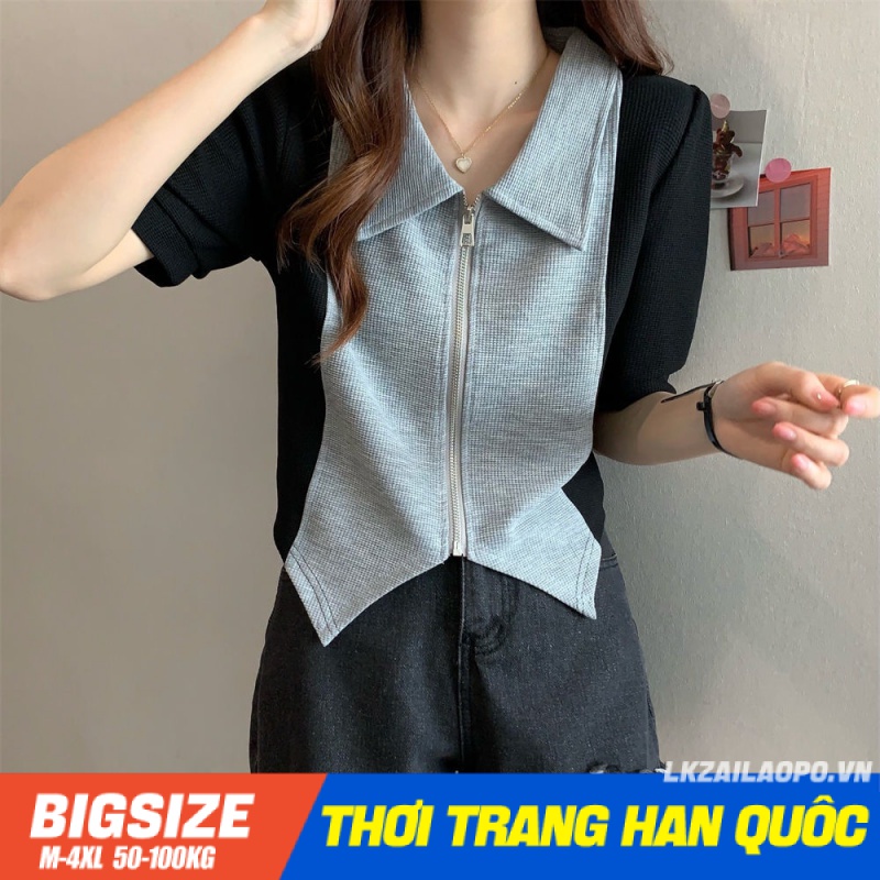 Áo sơ mi Bigsize Áo kiểu nữ form rộng tay ngắn cổ bẻ thiết kế khoá kéo mùa hè Phong cách Hàn Quốc Thời Trang tiểu thư cá tính xinh đẹp cho người mập béo