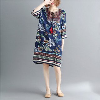 [ORDER] Váy đầm bigsize họa tiết hoa lá thổ cẩm màu xanh (V013)