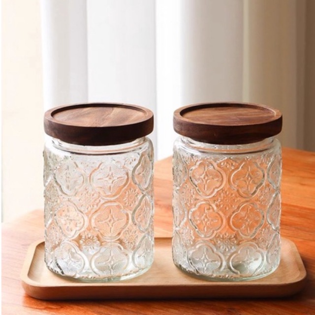Lọ Hũ thuỷ tinh nắp gỗ cách điệu phong cách vintage bảo quản thực phẩm, gia vị, decor cắm hoa