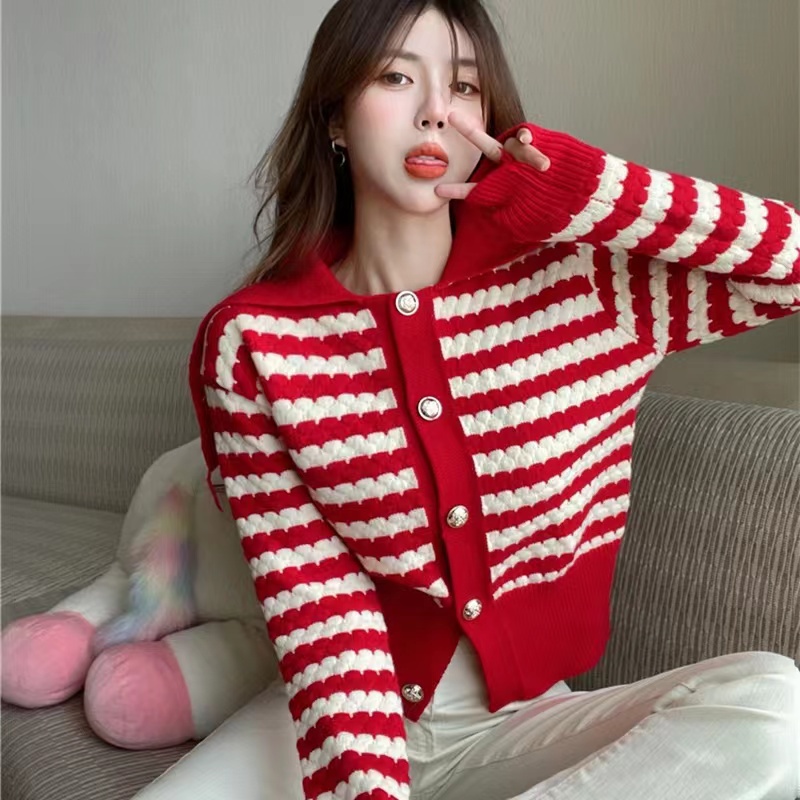 SUXI Áo Khoác Cardigan Dệt Kim Họa Tiết Kẻ Sọc Thời Trang Thu Đông Hàn Quốc Dễ Phối Đồ Cho Nữ