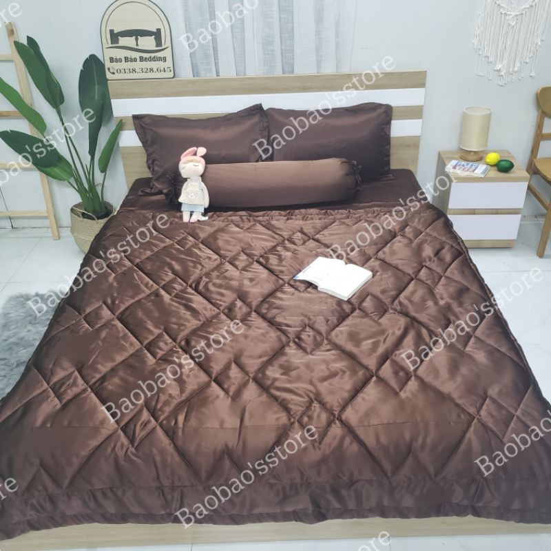 Bộ drap phi lụa khổ lớn 5 món, khổ vải 1m8 (1 ga giường, 3 vỏ gối, 1 mền trần bông)