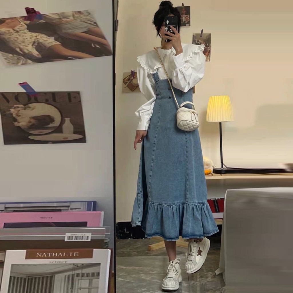 Set Áo Thun Ngắn Tay + Chân Váy Yếm denim Đuôi Cá Thời Trang Nữ