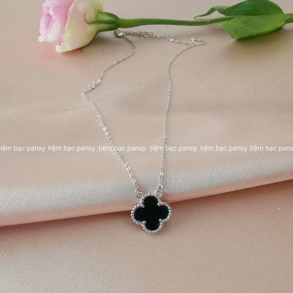 Dây chuyền bạc nữ PANSY kiểu dáng cỏ 4 lá đá đen xinh xắn - Vòng cổ bạc ta cao cấp